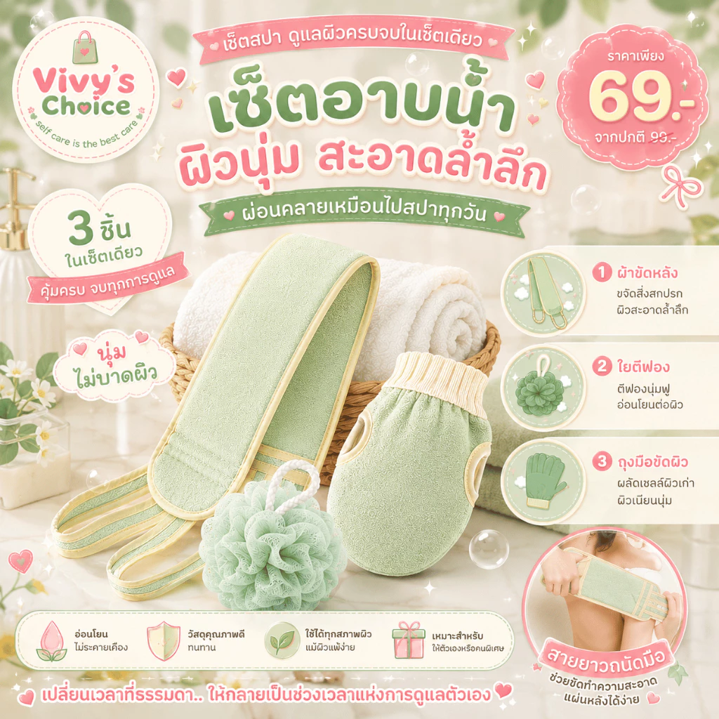 ชุดอาบน้ำ 3 ชิ้น ผ้าขัดหลัง ใยตีฟอง ถุงมือขัดผิว เซ็ตขัดตัว อุปกรณ์อาบน้ำ นุ่ม อ่อนโยน Vivy's Choice