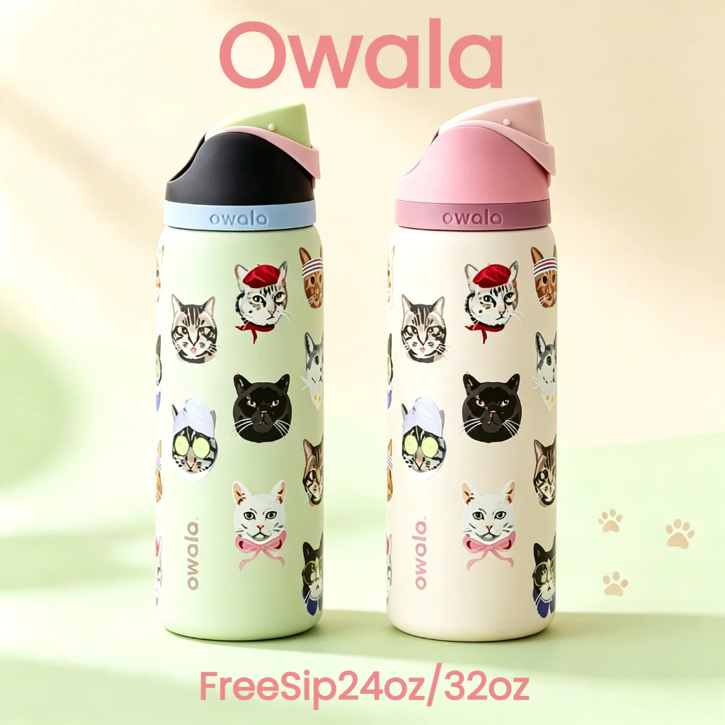 รุ่นลิมิเต็ด อิดิชั่น Owala FreeSip 24oz/32oz ลาย Cat Collage ขนาด - กระติกน้ำร้อนกันหก ดื่มได้ 2 แบบ จัดส่งฟรี