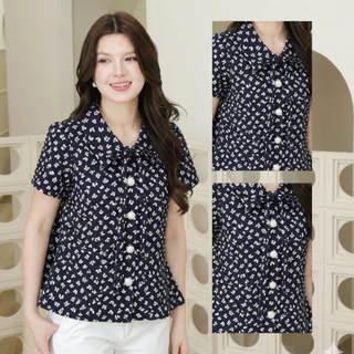 Glucoat | [A813/U720/T835] เสื้อคอปกแขนสั้นพร้อมเชือกผูกโบว์ถอดออกได้ ชายจับจีบ กระดุมหน้าใช้งานได้จริง