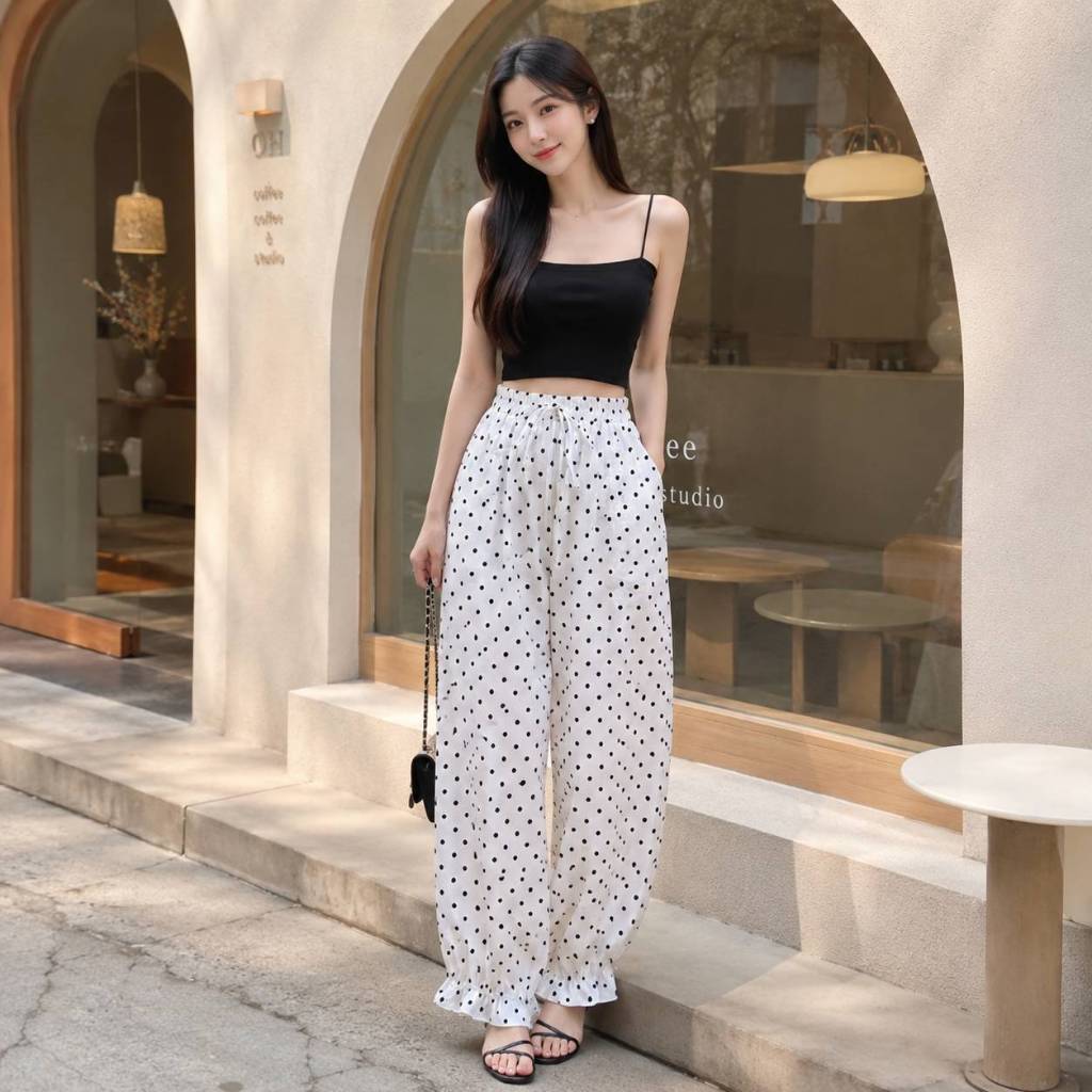 Mahahengcloset กางเกงขาจั๊มชายระบาย ผ้าครัช ลายจุด ตีเกล็ดหน้า เอวยางยืด ใส่สบาย สาวไซส์เล็ก-สาวอวบใส่ได้