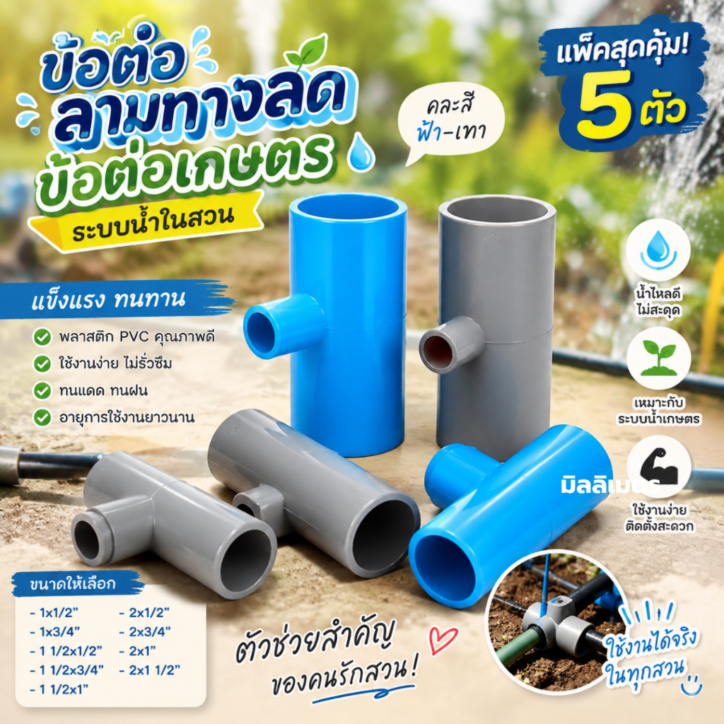 (แพ็ค 5ตัว)ข้อต่อสามทาง ข้อต่อเกษตร สามทางลดเกษตร ระบบน้ำในสวน(คละสี)