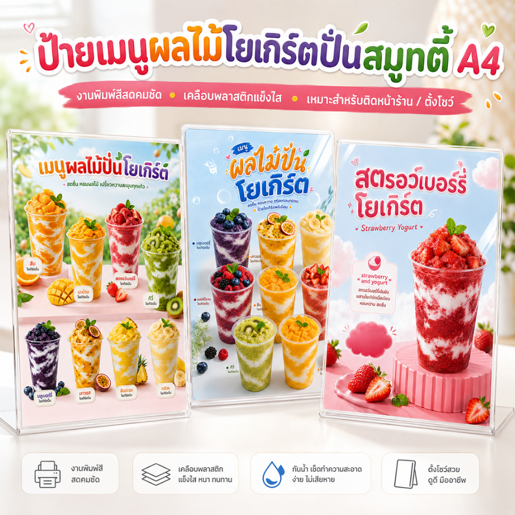 ป้ายเมนูผลไม้โยเกิร์ตปั่นสมูทตี้ A4 เคลือบแข็งใส ป้ายเมนูสำเร็จรูป