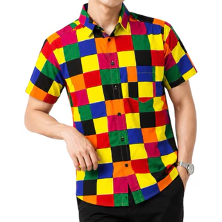 เสื้อเชิ๊ตเเขนสั้นคอปกสลับสีเเนววินเทจลายสก๊อต M-2XL