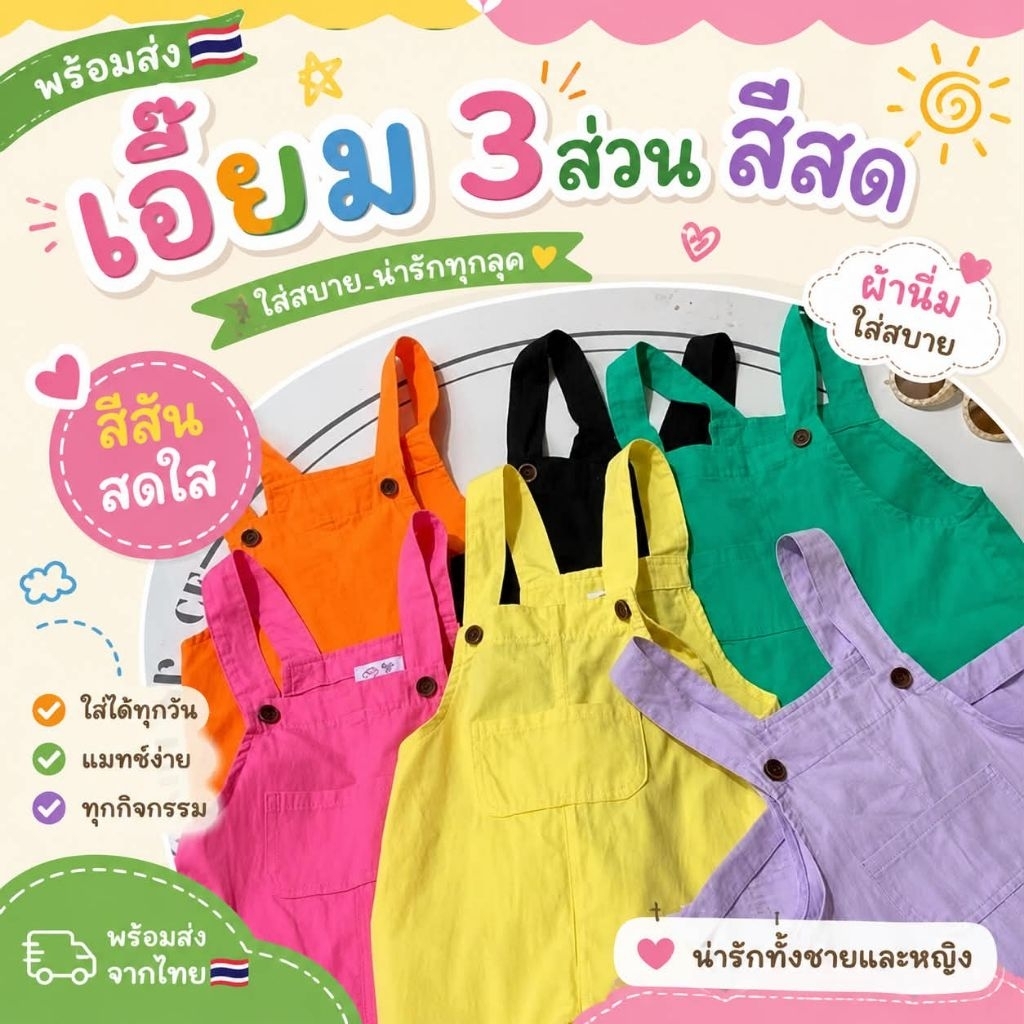 พร้อมส่ง24H เอี๊ยมเด็ก 3 ส่วนสีสด ผ้าฝ้าย ใส่สบาย เด็กชายเด็กหญิง