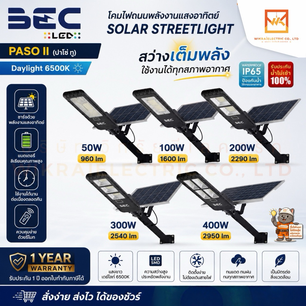 BEC โคมไฟถนนพลังงานแสงอาทิตย์ Solar Streetlight รุ่น PASO-II 50W 100W 200W 300W 400W ไฟถนนโซล่าเซลล์ แสงเดย์ไลท์