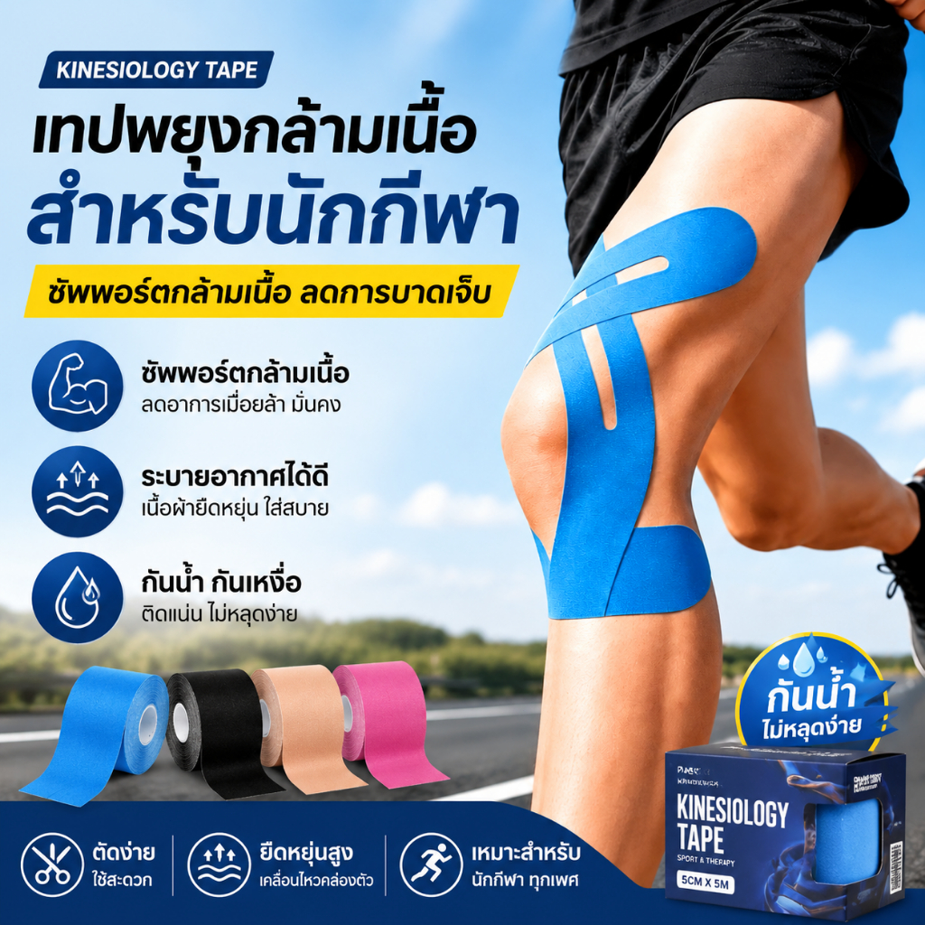 Proknee+ Kinesiology Tape เทปกีฬา พร้อมใช้งานทันที สำหรับเข่า รองรับ ACL MCL LCL 1กล่อง10แผ่น