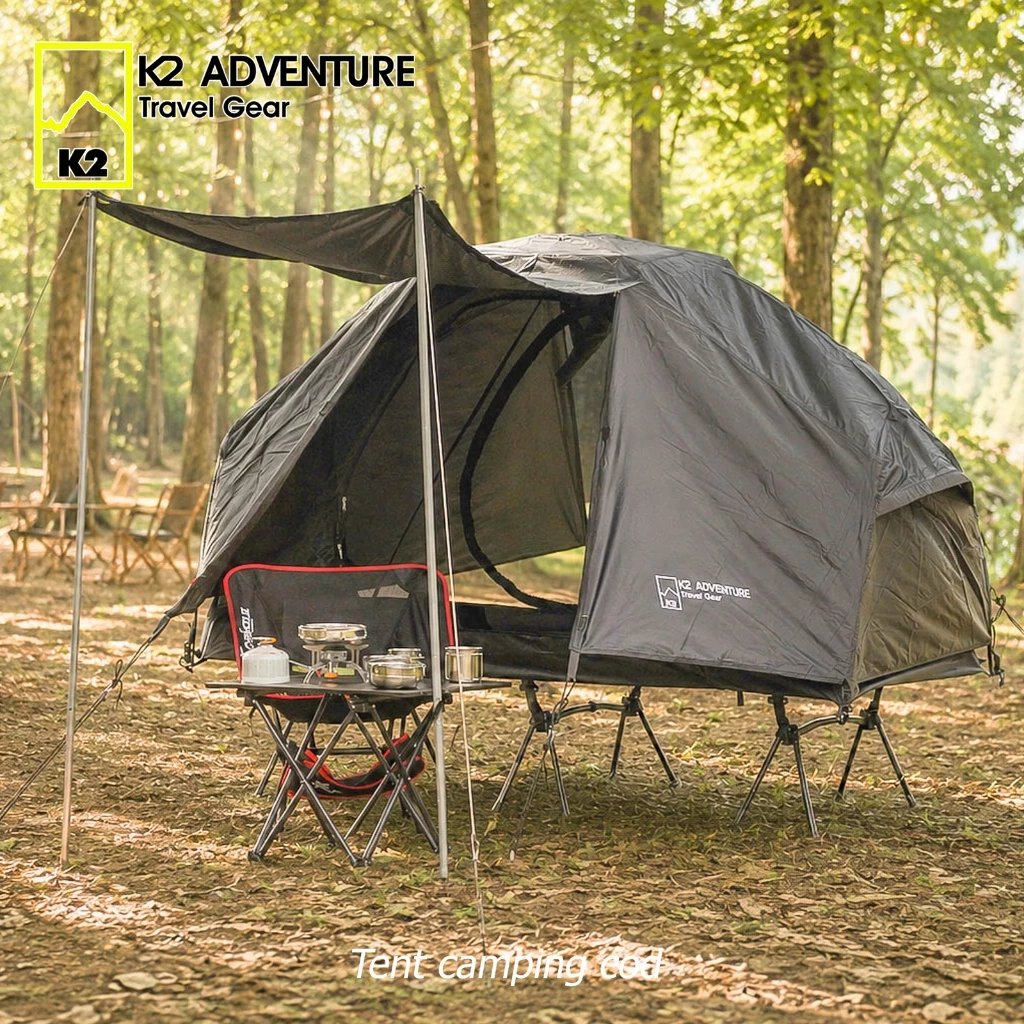 เต็นท์ COT สีดำ 1 คน และเตียงสนาม K2 ADVENTURE น้ำหนักเบา กันฝนกันลม ใส่ปี๊บข้างปี๊บหลังได้ ฯลฯ