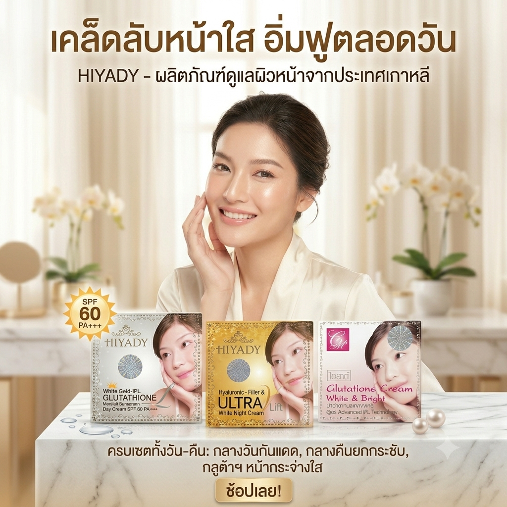 ครีม Hiyady เซ็ต 3 ชิ้น กลางวัน-กลางคืน-กลูต้า เซ็ตบำรุงผิวหน้าขาวกระจ่างใส