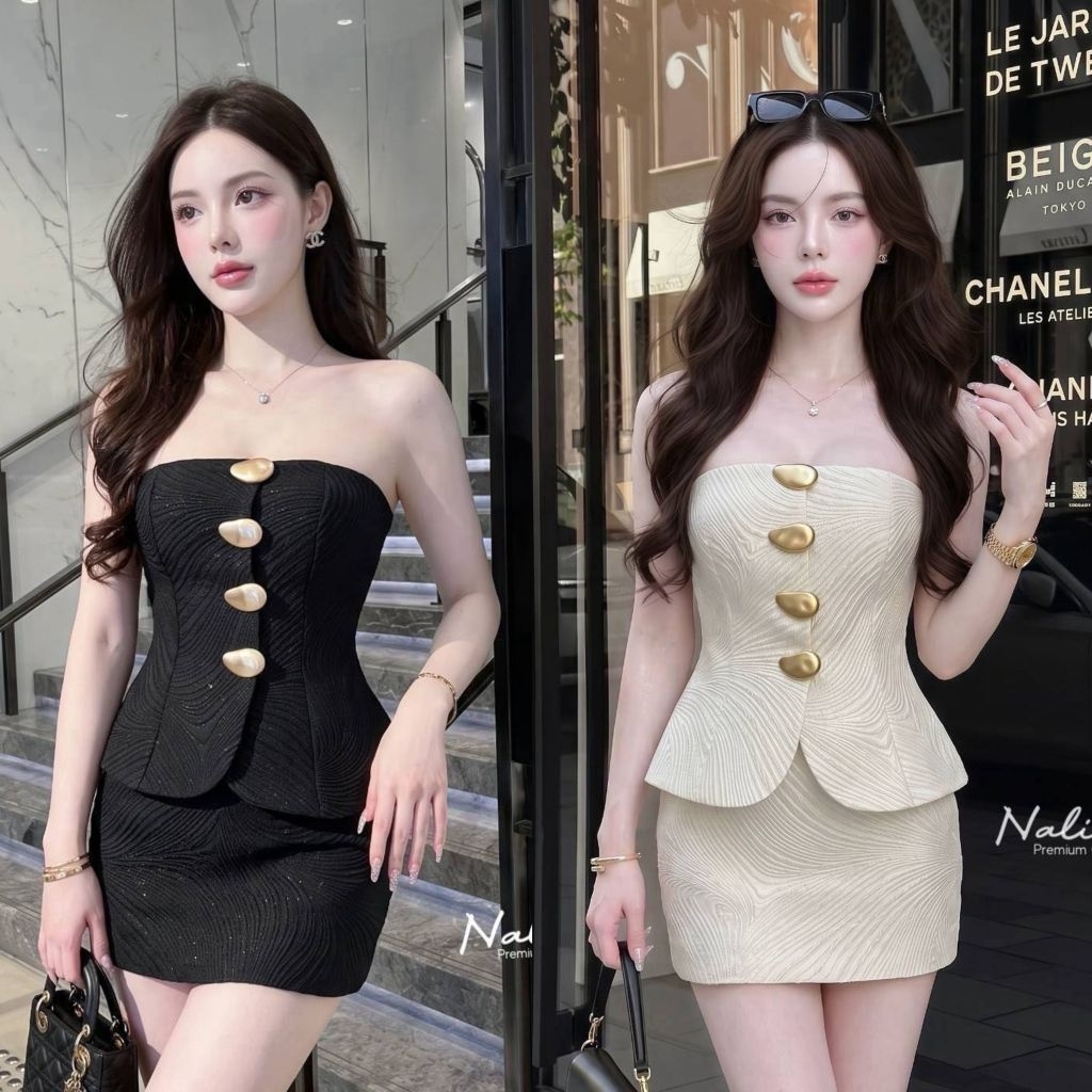 Nalinn Set 2 ชิ้น ผ้าทอลายนูน วิ้งๆเสื้อเกาะอก ติดอะไหล่สีทอง ด้านหน้า