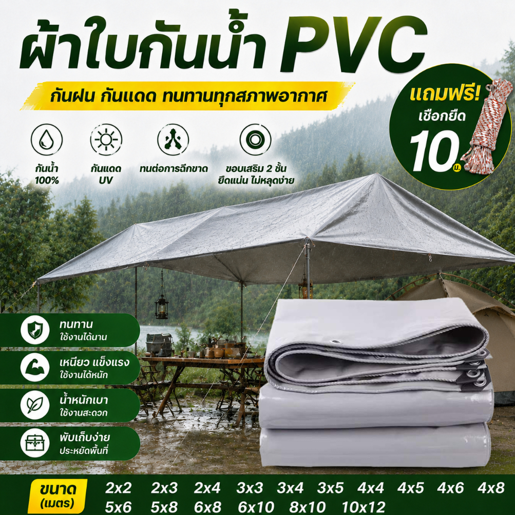 ผ้าใบ PVC กันน้ำ หนาพิเศษ กันฝน กันแดด ผ้าคลุมรถ คลุมสินค้า มีตาไก่ ขอบเสริมแรง แถมเชือกฟรี 2x2-10x12 ม.