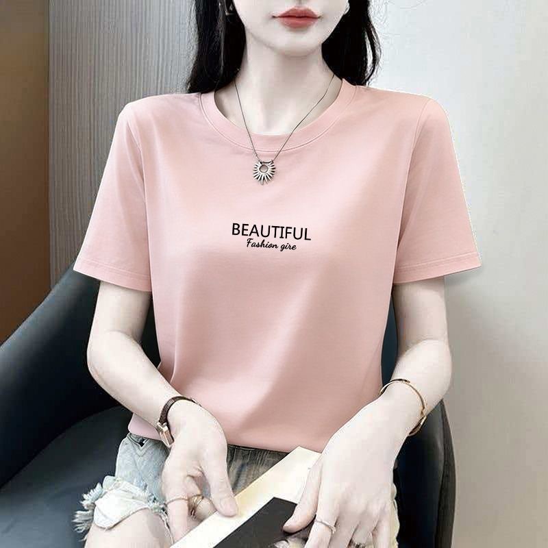 เสื้อยืดผู้หญิงคอกลมแขนสั้นสีพื้น ดีไซน์พรีเมียมสไตล์เกาหลี สินค้าใหม่รับซัมเมอร์ โดดเด่นด้วยลายกราฟิกตัวอักษรที่มีเอกลั