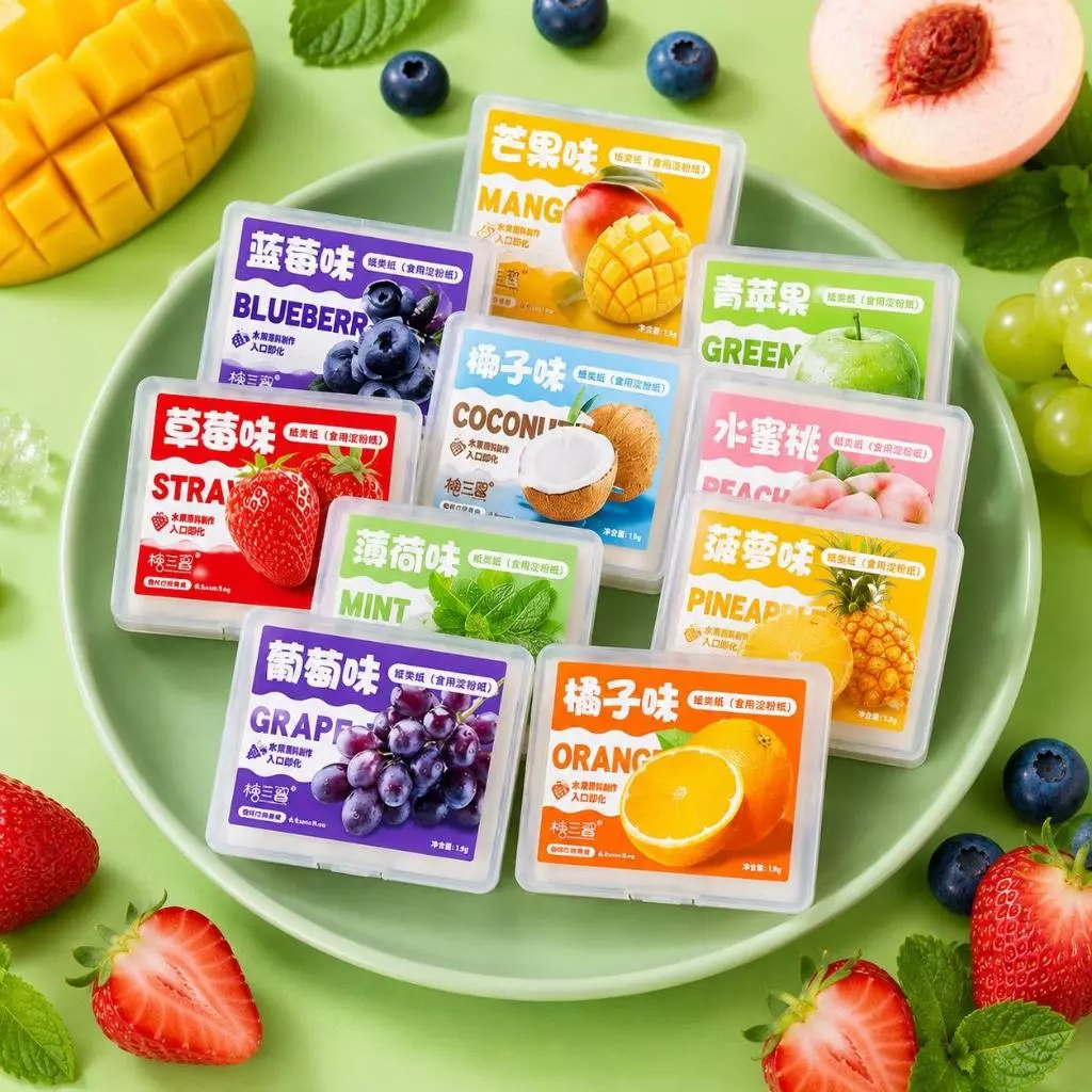 ขนมกระดาษกลิ่นผลไม้ เคี้ยวสนุก 10 รสชาติ 1 กล่อง 5,8,15 กรัม รสผลไม้ อร่อย,กินเพลิน