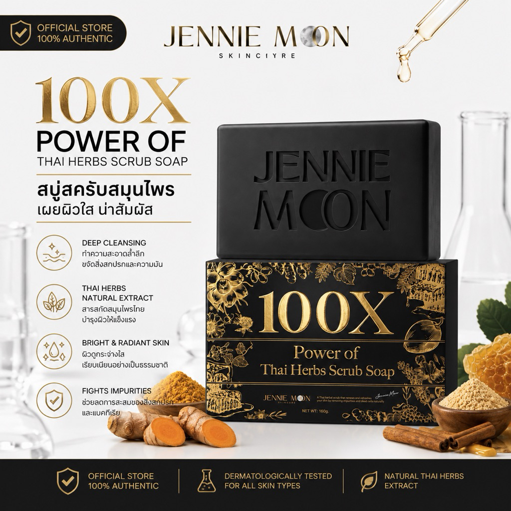 Jennie Moon Official | สบู่สครับ 100x Power Of Thai Herbs Scub Soap 100g. สบู่สครับสมุนไพร สูตรอ่อนโ