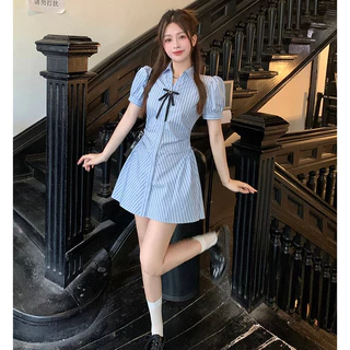 cherryshop พร้อมส่ง ชุดเดรสลายทางแนวตั้งติดกระดุมแถวเดียวสำหรับฤดูร้อนใหม่ ทรงเอไลน์สลิมฟิต น่ารักสดใส สไตล์ฝรั่งเศส