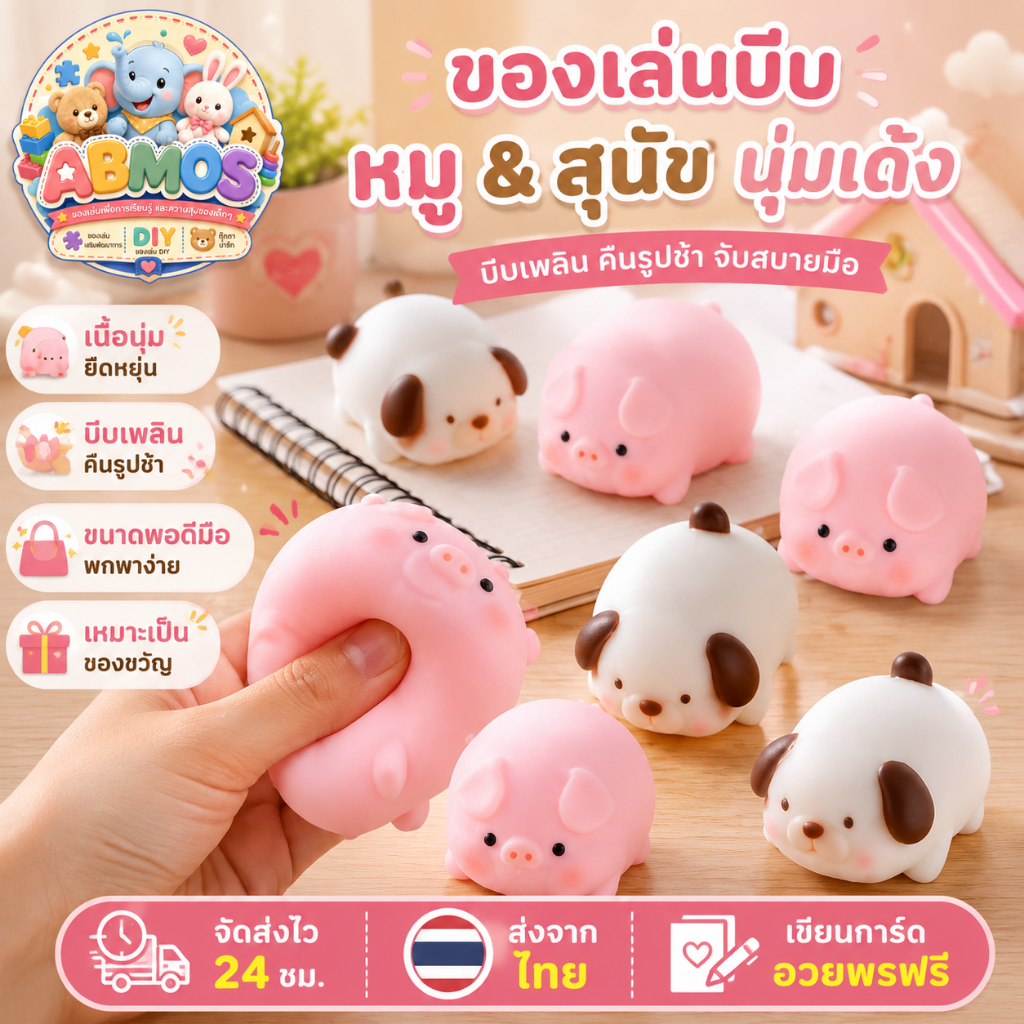 สกุชชี่สัตว์น่ารัก ของเล่นบีบมือ รูปหมูและสุนัข นุ่มเด้ง บีบเพลิน คลายเครียด ของสะสม ของขวัญสำหรับเด็ก