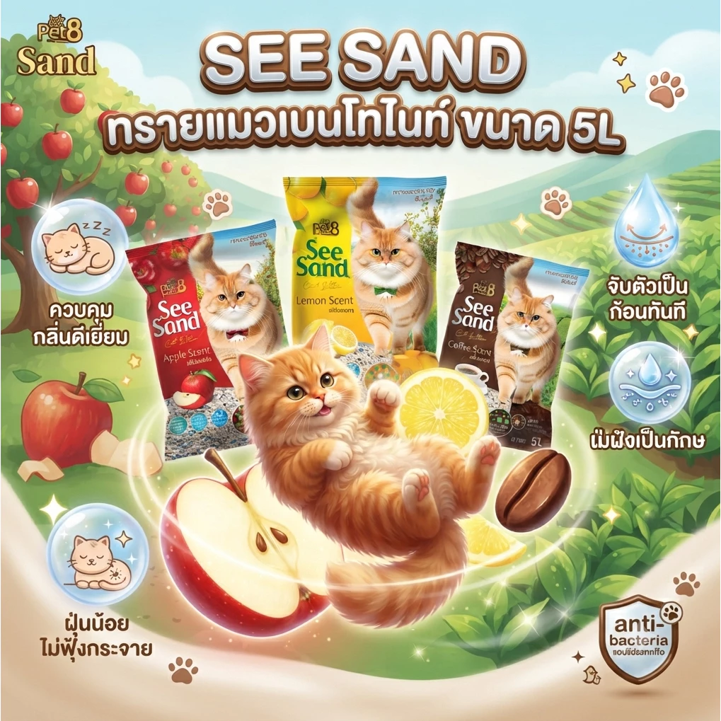 ถูกที่สุด pet8 See sand ซีแซนด์ ทรายแมวอนามัย ขนาด 5 ลิตร พร้อมส่ง ราคาส่งกันเอง ไร้ฝุ่น