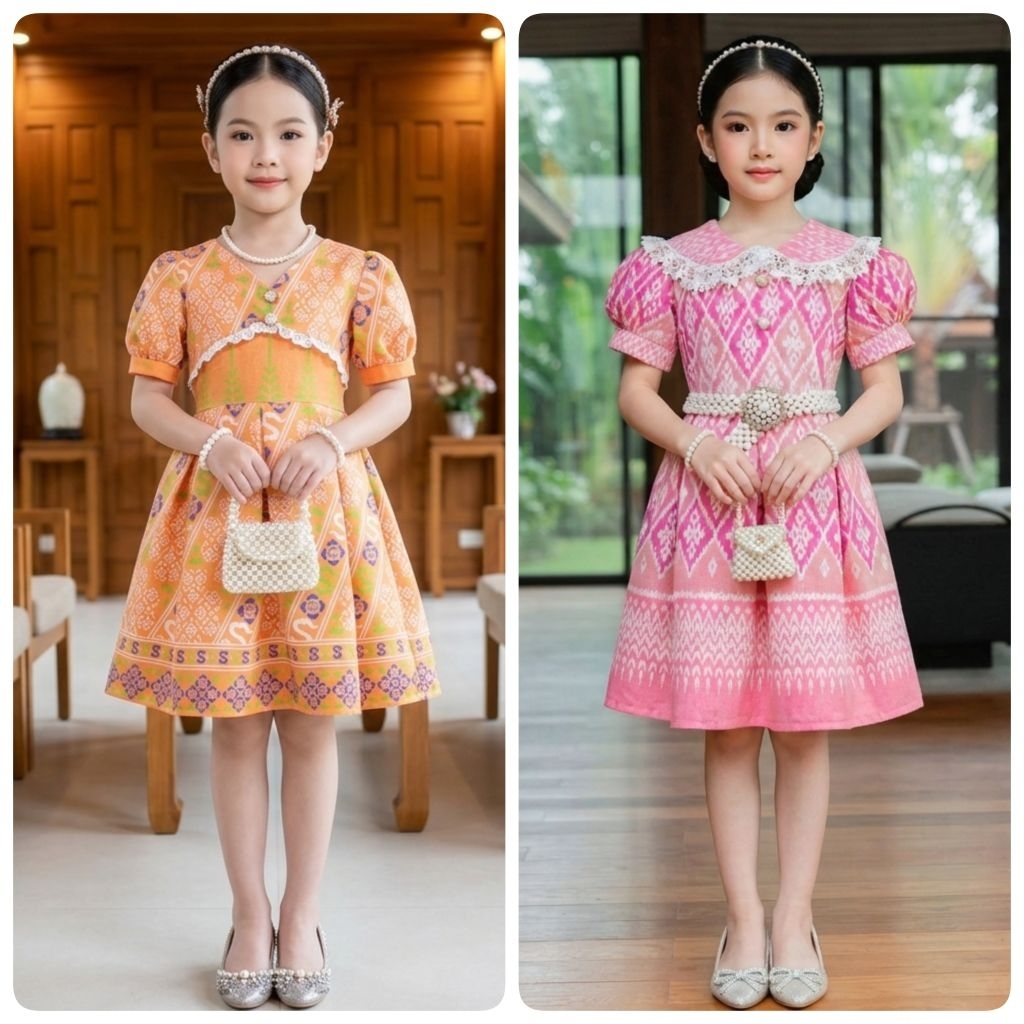 ชุดไทยเด็ก รุ่นมินิเดรสลายไทยสำหรับเด็กผู้หญิง งานผ้าฝ้ายพิมพ์ลาย**ไม่รวมเครื่องประดับ**