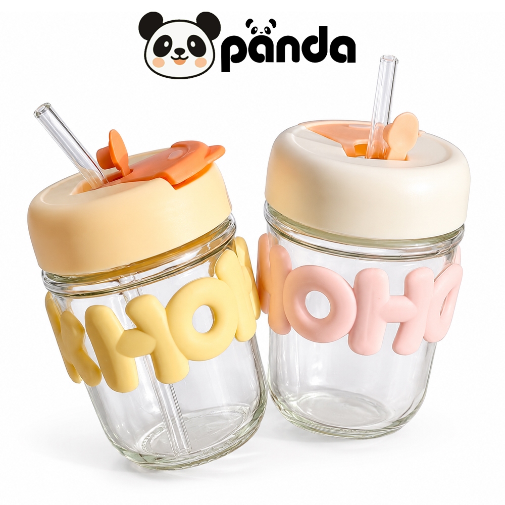 PANDA รุ่นใหม่ แก้วกาแฟ 350ML ใส่น้ำ พร้อมหลอดแก้ว NO:Y251