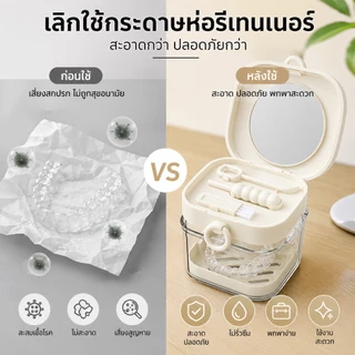 กล่องรีเทนเนอร์แบบพกพา 4in1 พร้อมกระจก แช่ล้าง เก็บรักษา กันน้ำ มีแปรงและที่ดึงรีเทนเนอร์ ใช้ได้กับรีเทนเนอร์ทุกประเภท