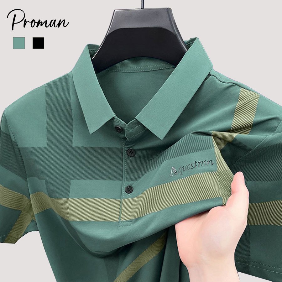 PROMANแขนสั้นผ้าไหมน้ําแข็งสําหรับผู้ชาย  เสื้อโปโลวัยกลางคน   ผ้าที่ระบายอากาศได้ สะดวกสบายครบครัน COD
