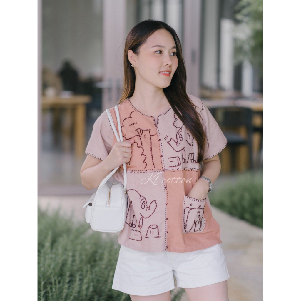 เสื้อผ้าฝ้ายงานคราฟต่อสี ปักด้นลายช้างผู้หญิงสุดคลาสิค