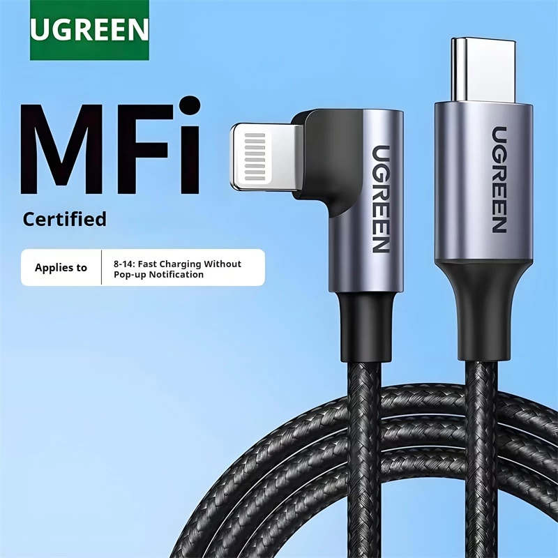 Ugreen PD20W สายเคเบิลไนล่อนถัก มุมขวา 90 องศา MFI USB-C สําหรับ iPhone 13 12 11 8 Pro Max