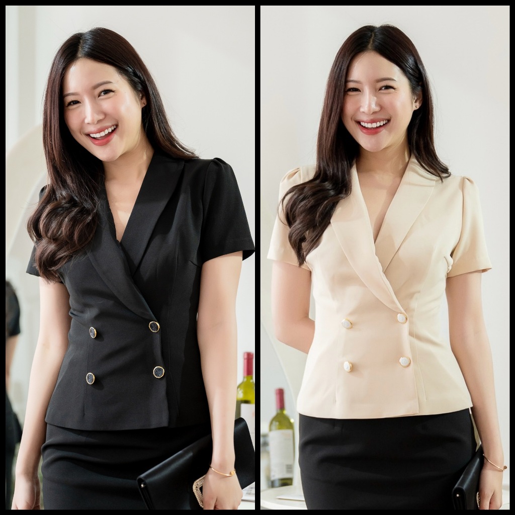 PT01 Short-sleeve Blazer Top เสื้อปกสูท แขนสั้น แต่งกระดุม 4 เม็ด ซิปหลัง