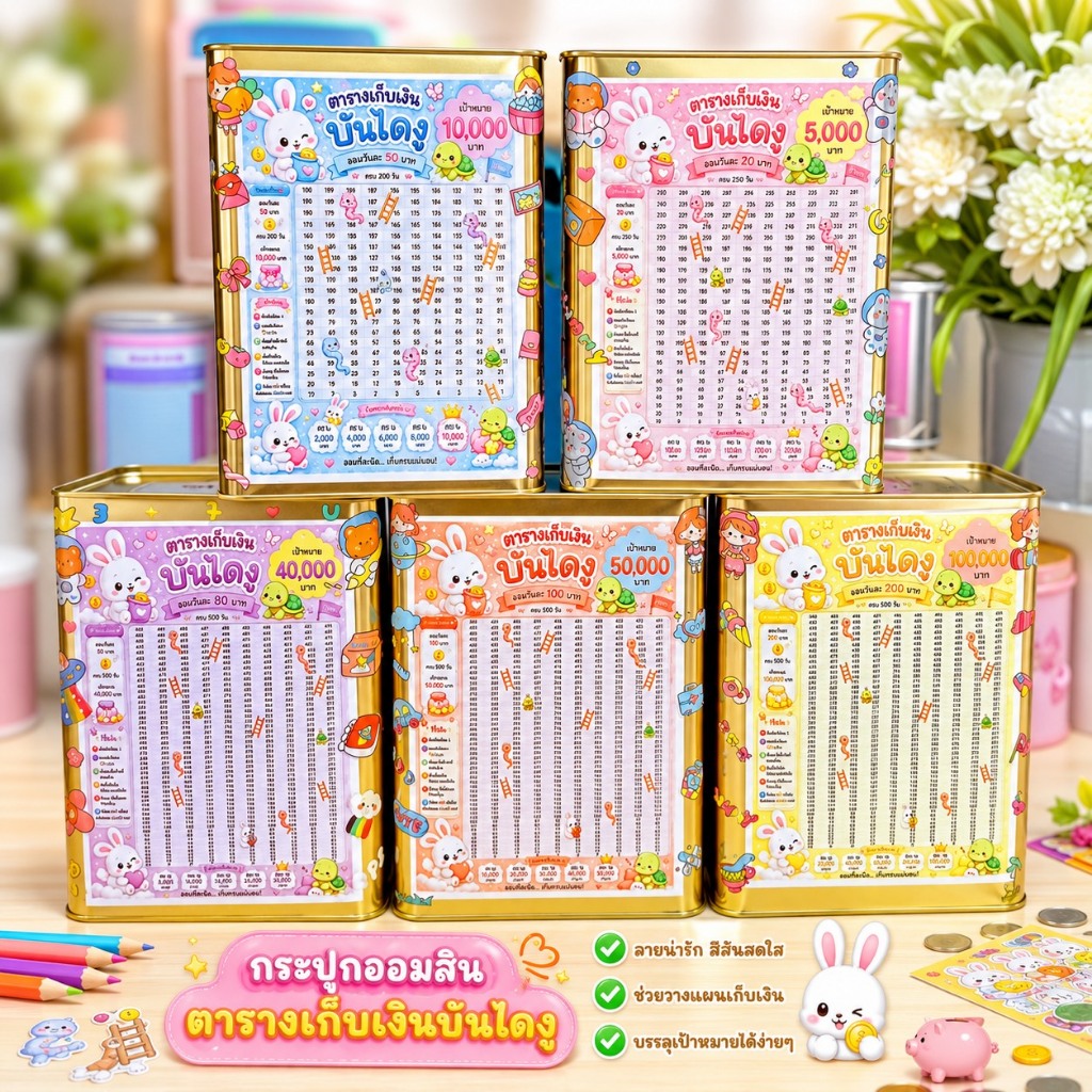 กระปุกออมสิน บันไดงู (ปี๊บแบบทึบหน้าต่างบน) ขนาด 17x23 cm พร้อมตารางออม สติ๊กเกอร์ ซองกันชื้น