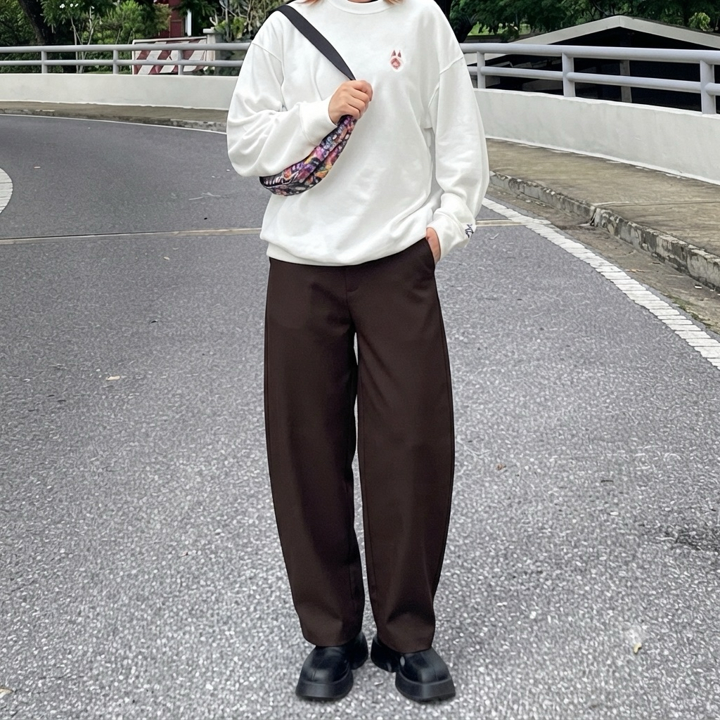OYSHO กางเกง ทรงขากว้าง เอวสูง HIGH-WAISTED BARREL PANTS (C1605)