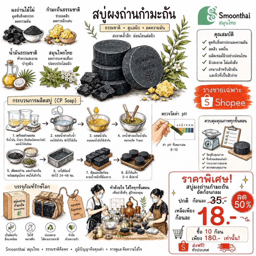 สบู่ผงถ่านกำมะถัน ขนาด 90-95 กรัม เป็นสบู่น้ำมันธรรมชาติ