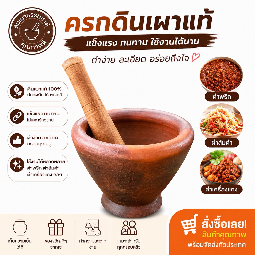 ครกดินเผา ครกส้มตำ พร้อมสากไม้ 1 ชุด