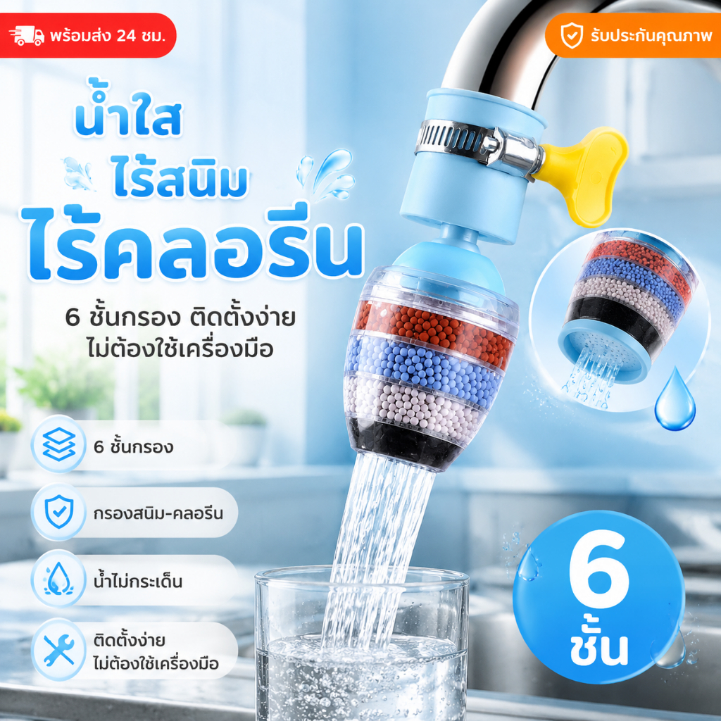 หัวต่อก๊อกน้ำ (หินชั้นกรอง 6 ชั้น) กันน้ำกระเด็น หัวกรองก๊อกน้ำ ที่กรองน้ำประปา