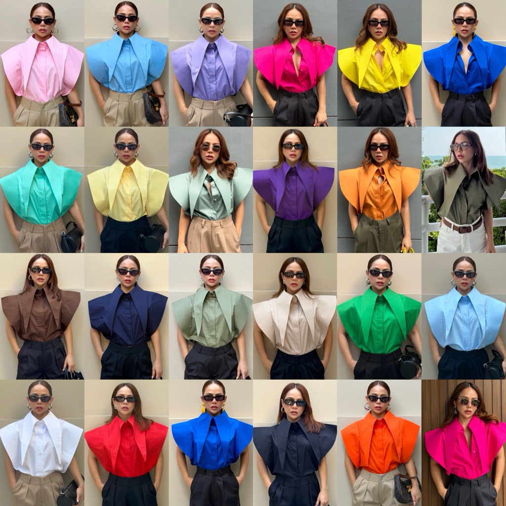 Bright by Aruna:เชิ้ตปกแหลม แขนล้ำไหล่ตั้ง อก44“ยาว26”