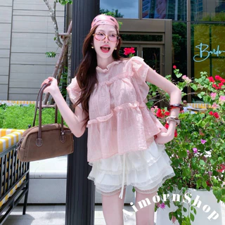 🔥aimorn_shop🔥 เสื้อคอกลม แต่งระบาย มีความฟรุ้งฟริ้งน่ารักมาก ผ้าบางพริ้ว ใส่สบายสุดๆ แมทช์ง่าย