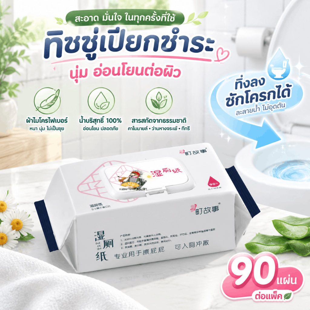 กระดาษทิชชู่เปียกสำหรับห้องน้ำ 90 แผ่น สูตรน้ำบริสุทธิ์ เนื้อนุ่ม อ่อนโยน ละลายน้ำได้ ทิ้งลงชักโครกได้