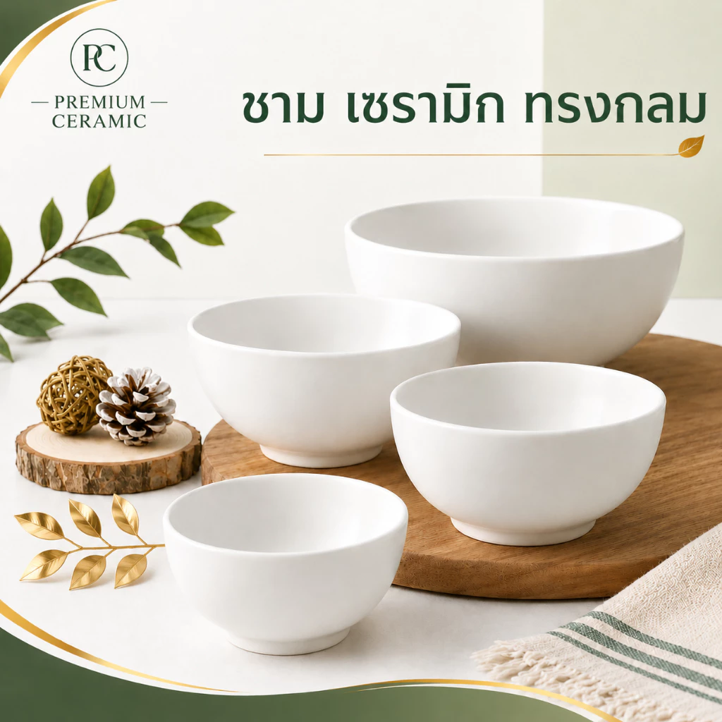 ถ้วยเซรามิค ทรงกลม ทรงเกาหลีมีขอบ สีขาวมินิมอล ขนาด 4-8 นิ้ว (Set ถ้วยสีขาว)