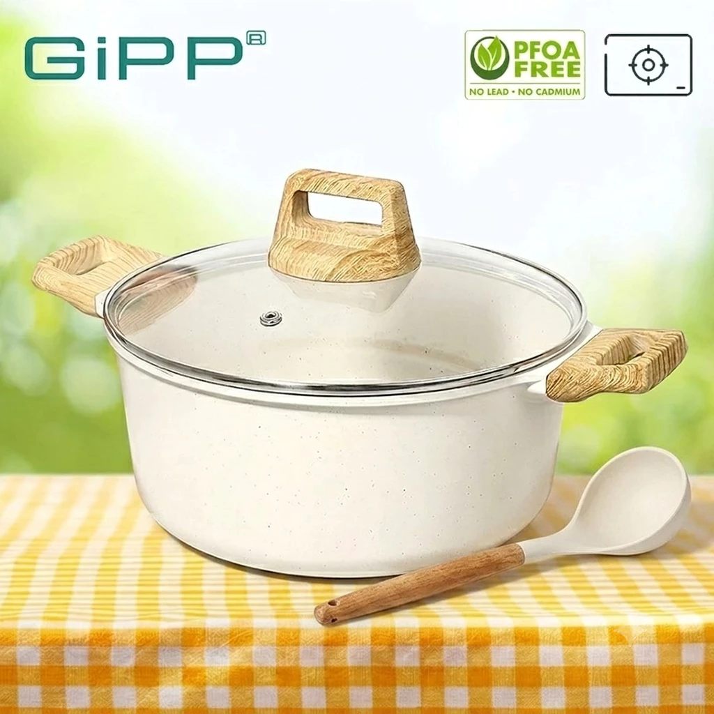 GIPP หม้อซุปเซรามิค ปลอดสารพิษ PFAS& PTFE& PFOA 24/28 ซม.พร้อมฝาปิด สําหรับเตาทุกประเภท (แก๊ส ไฟฟ้า และการเหนี่ยวนํา)