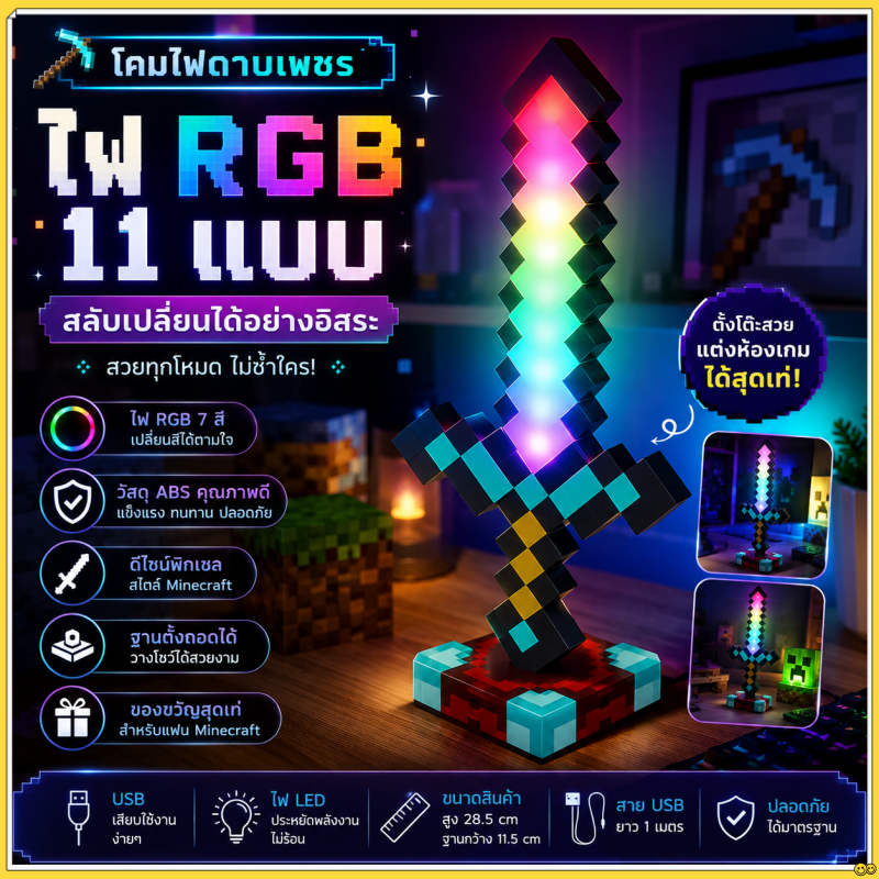 พร้อมส่งกรุงเทพฯ โคมไฟดาบ Minecraft LED RGB 11 สี โคมไฟดาบเพชร USB ปรับแสงได้ ของแต่งห้องเกม ตั้งโต๊ะ ของขวัญเกมเมอร์