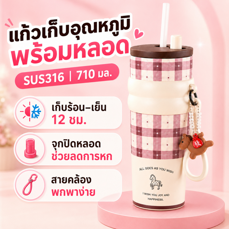 710ML Tumbler แก้วเก็บอุณหภูมิพรีเมียม ผลิตจากสแตนเลส SUS 316 Leak Proof Portable Water Bottle with Lid and Straw