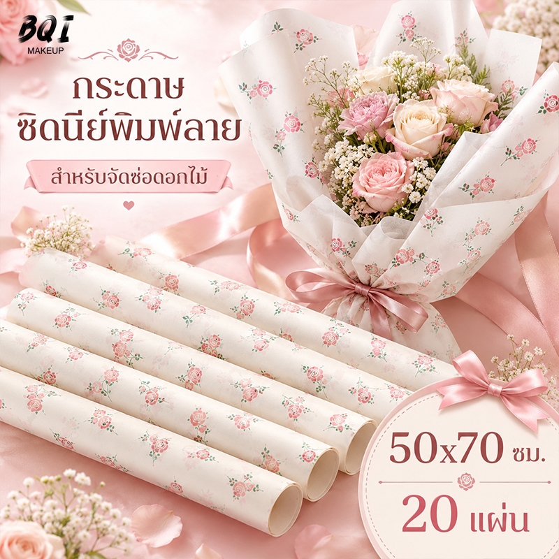 กระดาษห่อของขวัญลายโบว์ 20 แผ่น ขนาด 50x70 ซม. สไตล์เกาหลีน่ารัก
