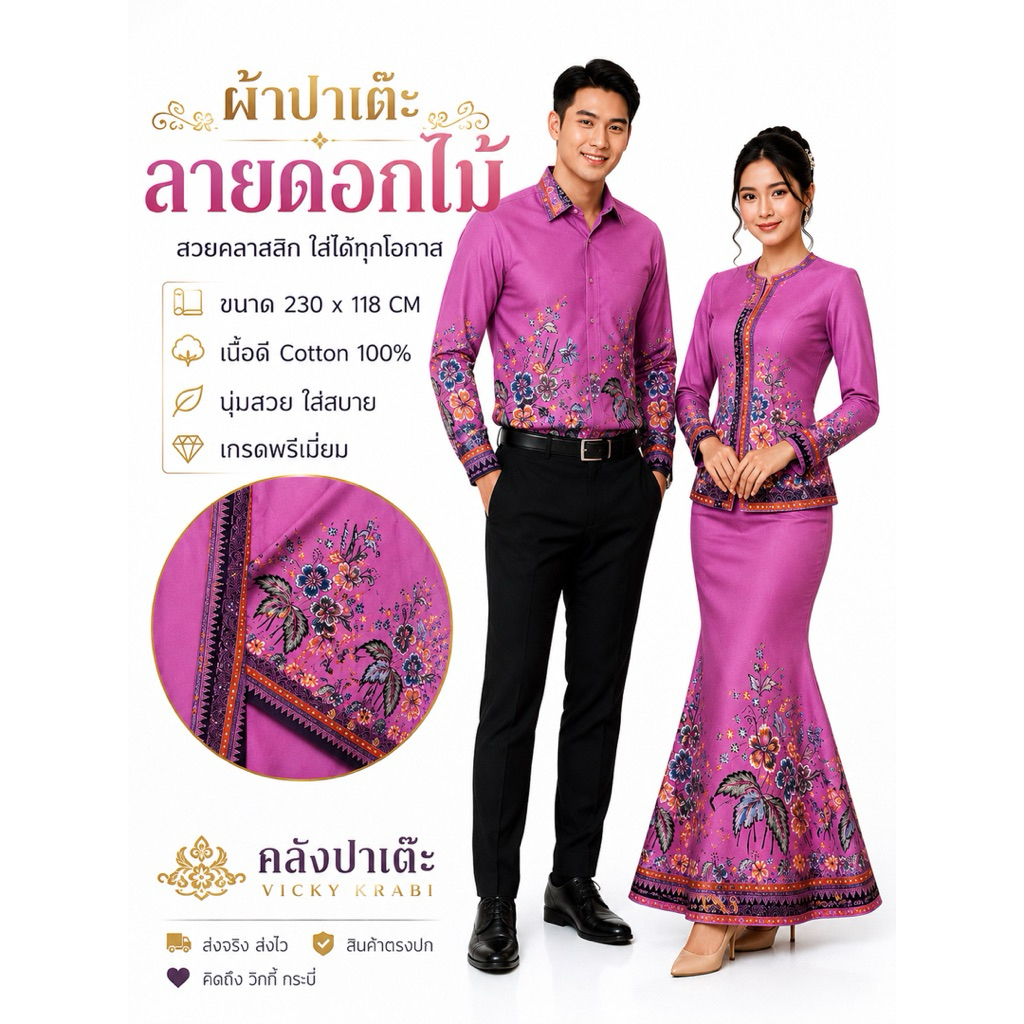 ผ้าปาเต๊ะลายดอกไม้ Cotton 100% 230x118 ซม. เกรดพรีเมี่ยม ตัดชุด ตัดเสื้อ มี 13 สี
