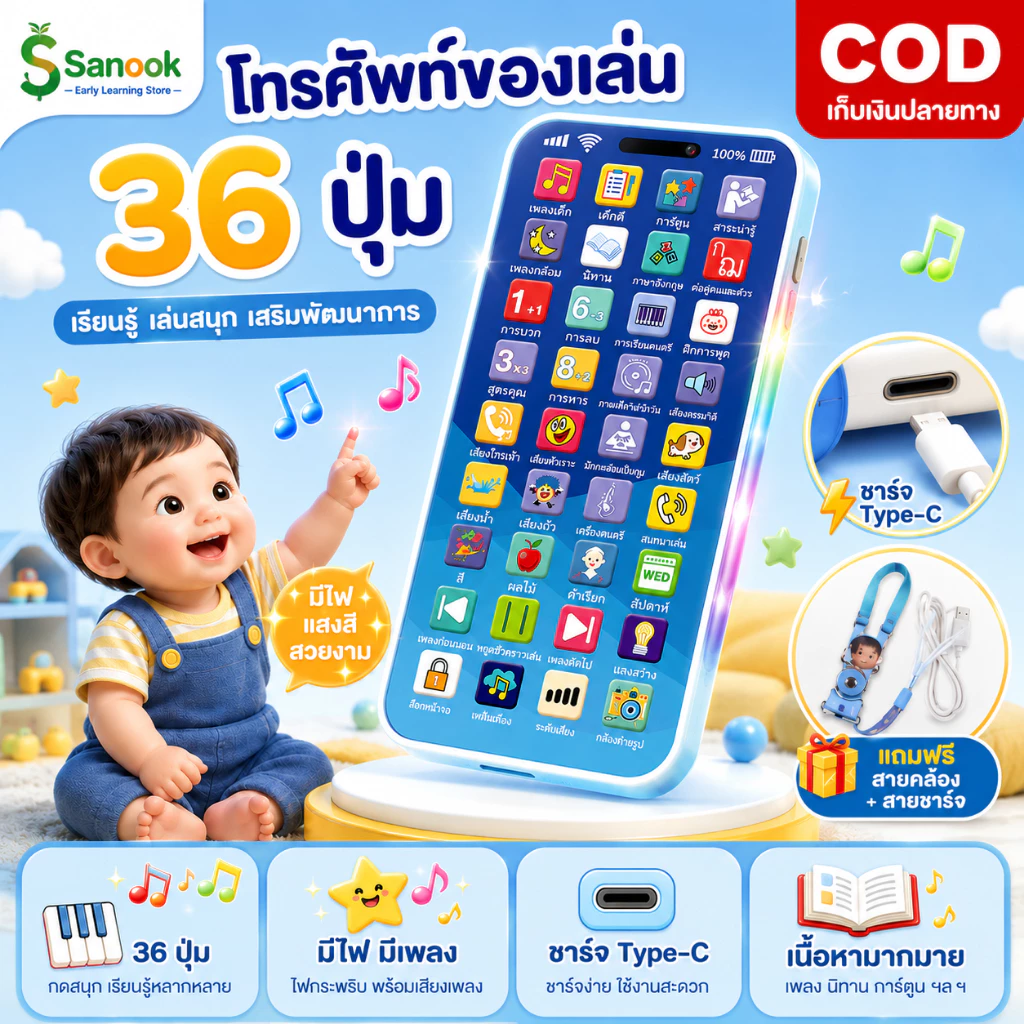 COD โทรศัพท์ของเล่นเด็ก ของเล่นการศึกษา เสริมพัฒนาการ เพลงเด็ก นิทาน มีเสียง มีไฟ 36 ปุ่ม เปียโน ชาร์จ Type C