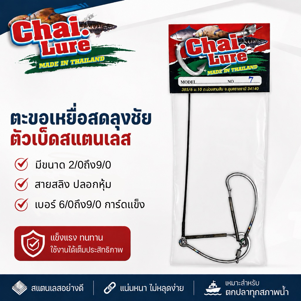 ตะขอเหยื่อสดลุงชัยตัวเบ็ดสแตนเลส เบ็ดเกี่ยวเหยื่อสด สายสลิงมีปลอกหุ้ม ไม่มีรูด ใช้ลูกหมุนอย่างดี ไม่มีหลุด