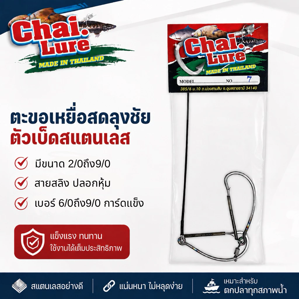 ตะขอเหยื่อสดลุงชัยตัวเบ็ดสแตนเลส เบ็ดเกี่ยวเหยื่อสด สายสลิงมีปลอกหุ้ม ไม่มีรูด ใช้ลูกหมุนอย่างดี ไม่มีหลุด