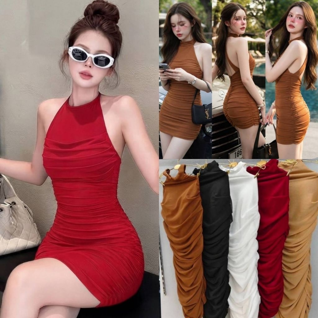 เดรสคอเต่าจับจีบผ้าซีทรู