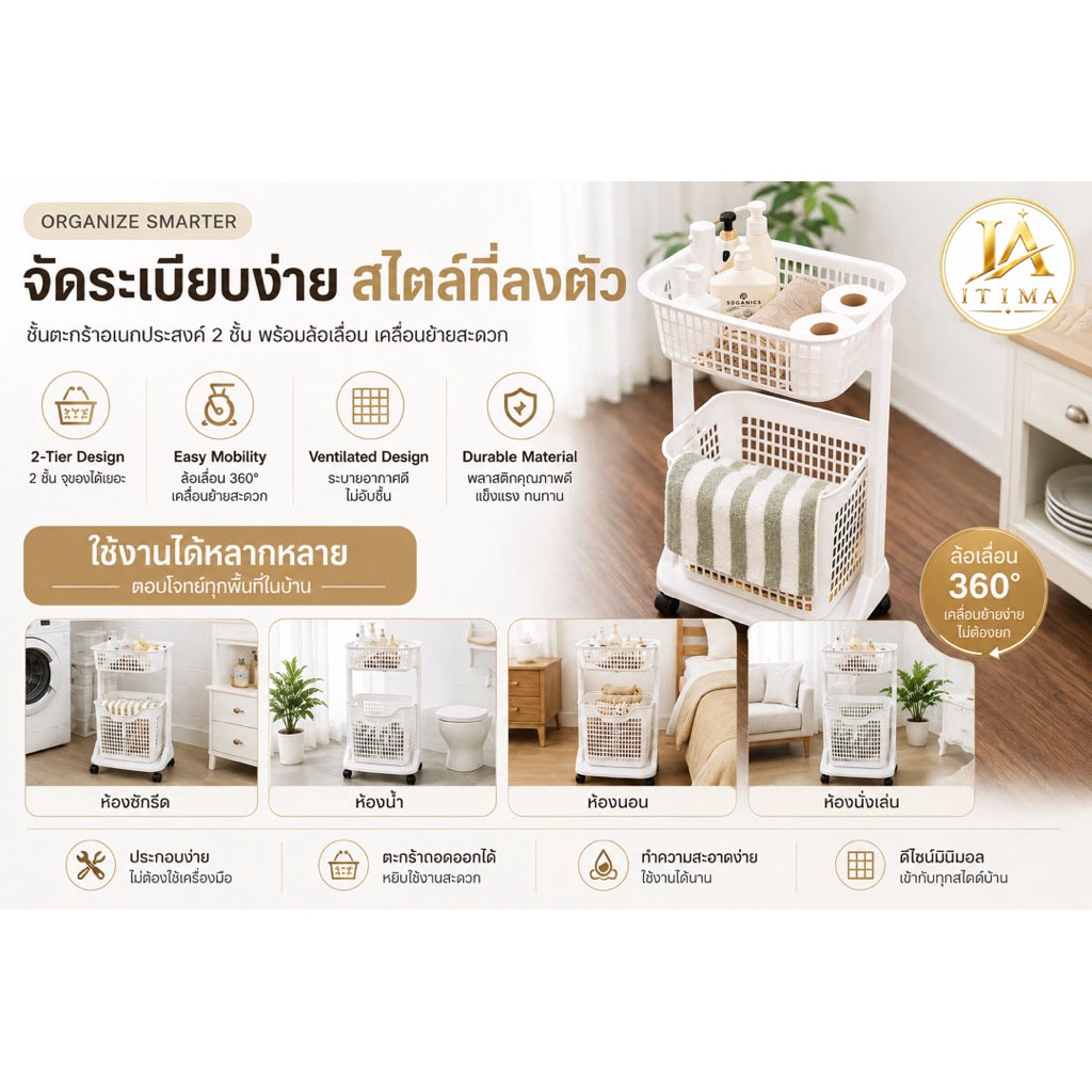 itima168 ตะกร้าผ้า 2 ชั้น สุดสวย ตะกร้าผ้ามีล้อลาก 2 ชั้น สีขาว