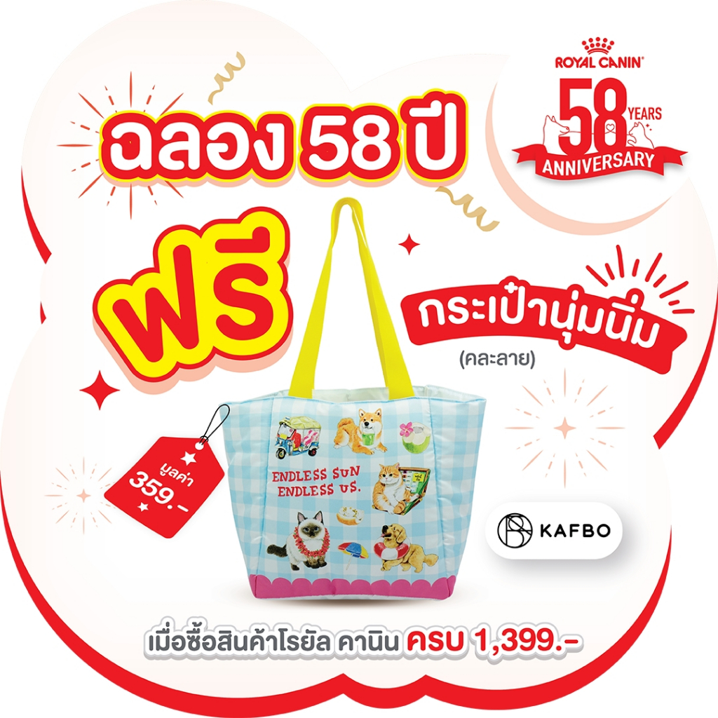แถมฟรี กระเป๋าสะพายข้างนุ่มนิ่ม คละแบบ เมื่อช้อป Royal canin ครบ 1399 บาท
