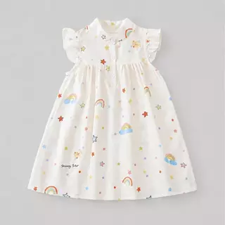 Hania kids พร้อมส่ง สินค้าราคาพิเศษ ชุดเดรสแขนระบายลายสายรุ้ง ผ้าฝ้าย ใส่สบาย ชุดเดรสเด็กผู้หญิงน่ารัก K6126208
