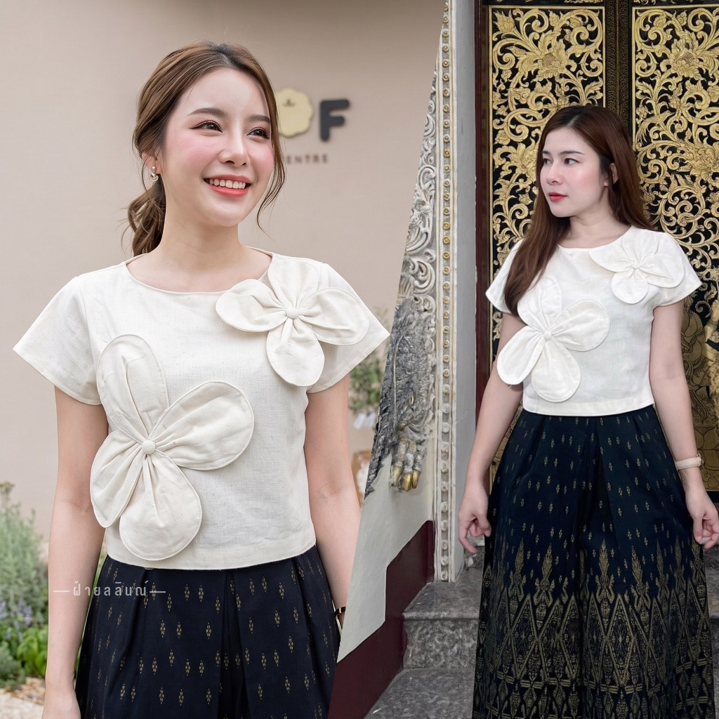 เสื้อผ้าฝ้ายครอปตัวสั้นแต่งดอกไม้ งานซิปข้าง ไม่อัดกาว