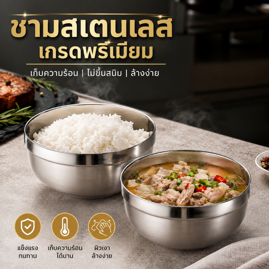 ชามสแตนเลส SUS304 ชามเกาหลี 2 ชั้น กันร้อน รักษาอุณหภูมิ เกรดอาหาร ผิวเงา ไม่เป็นสนิม ล้างง่าย สำหรับใส่ข้าว ซุป